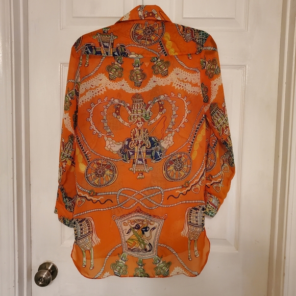 Women's orange colorful button up top. - Picture 2 of 2